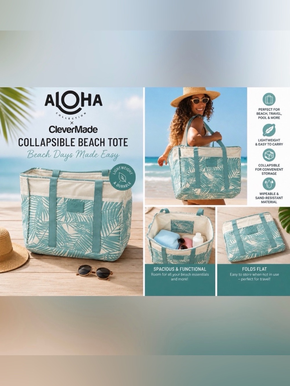 NWT Aloha Collection Collapsible Beach Tote, Teal